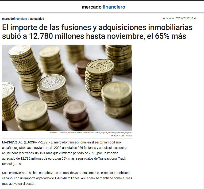 El importe de las fusiones y adquisiciones inmobiliarias subi a 12.780 millones hasta noviembre, el 65% ms